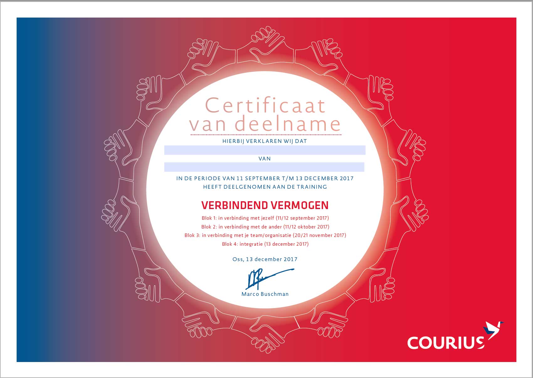Huisstijl voor Courius: Certificaat voor deelnemers aan training Verbindend vermogen van Marco Buschman